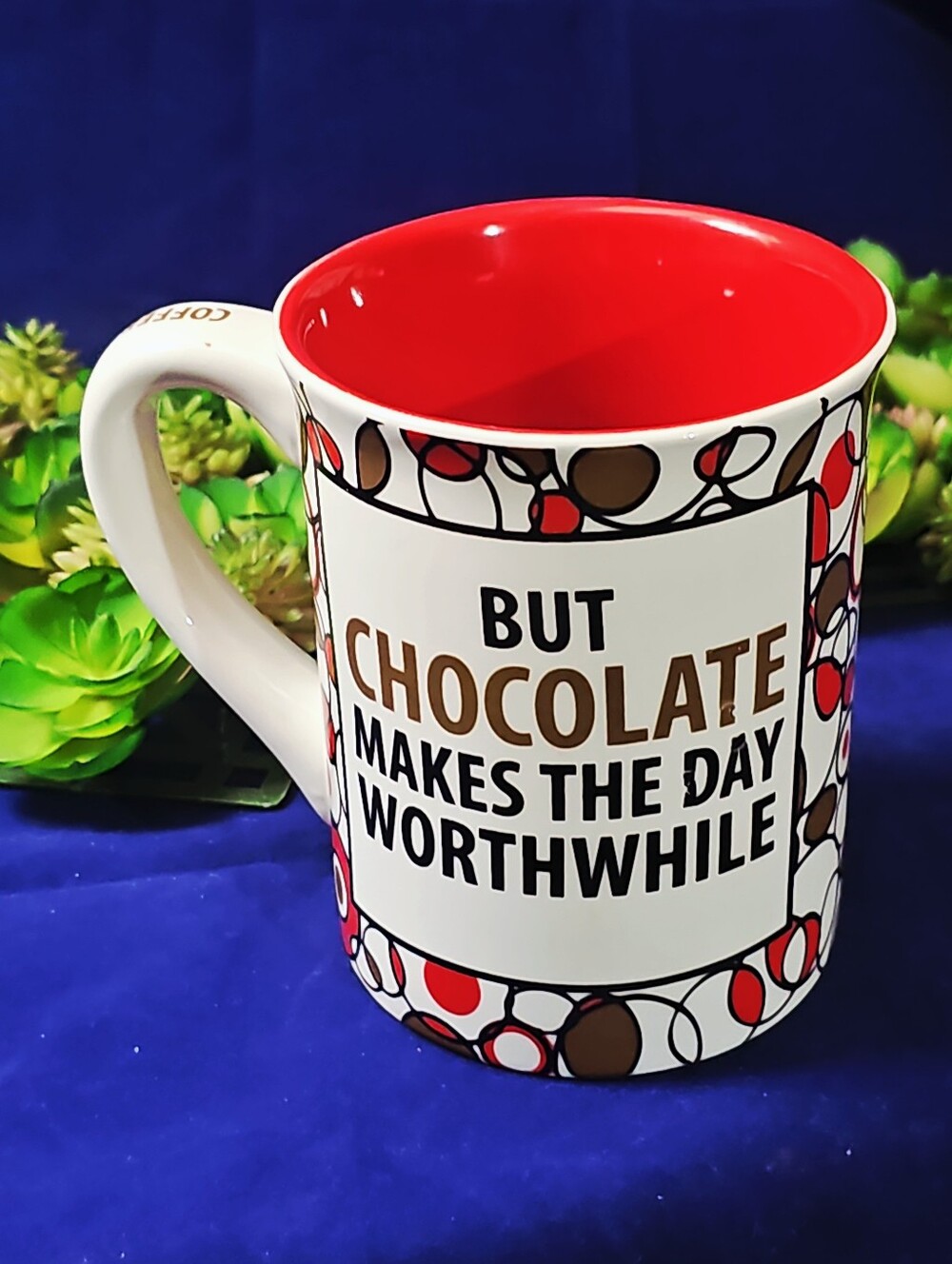 Fun Red-Interior Ceramic Coffee / Chocolate Mug with Bold Morning Message